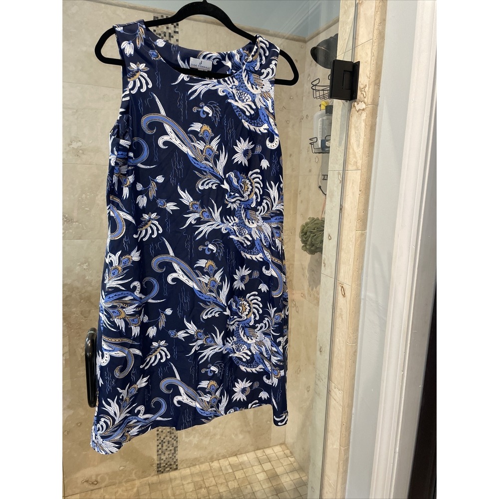 Jude Connally Ikat Paisley Sleeveless Dress Navy Blue White Tan XL